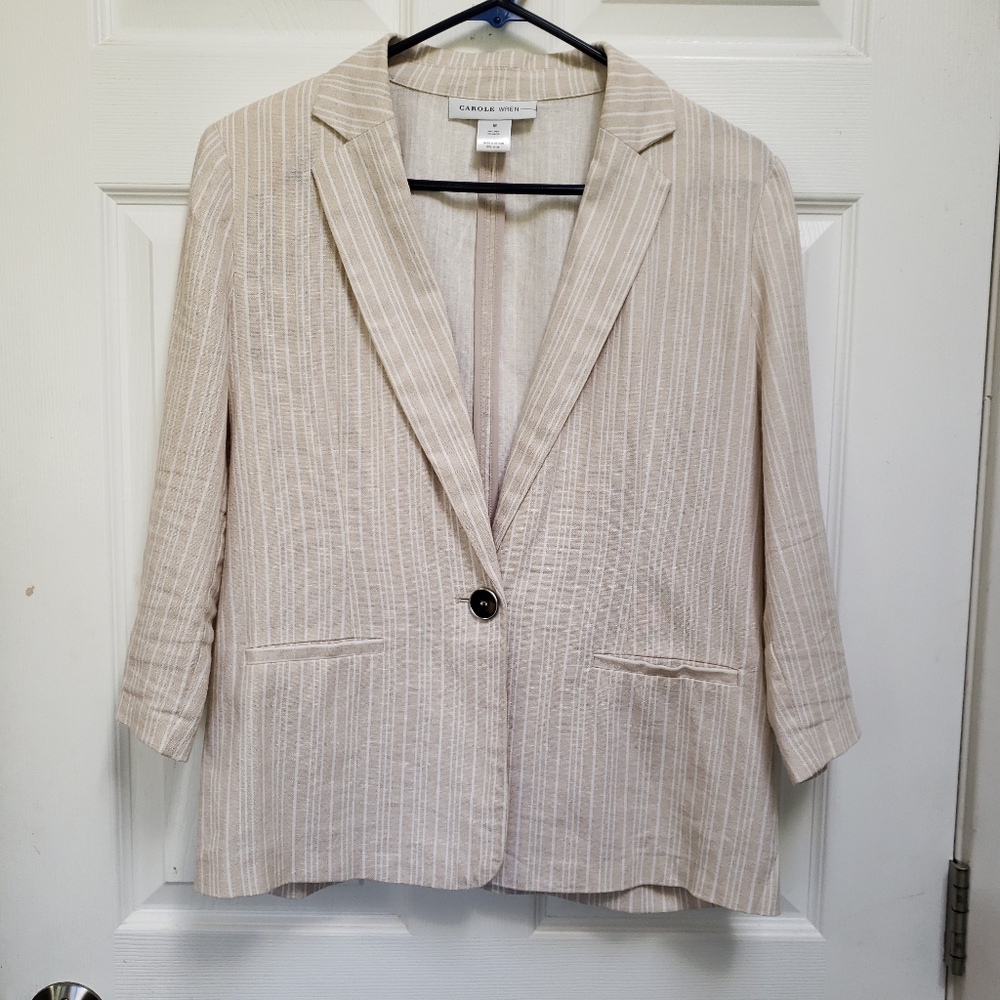 Carole Wren Beige White Striped Linen Blend 3/4 Sleeve Blazer Jacket